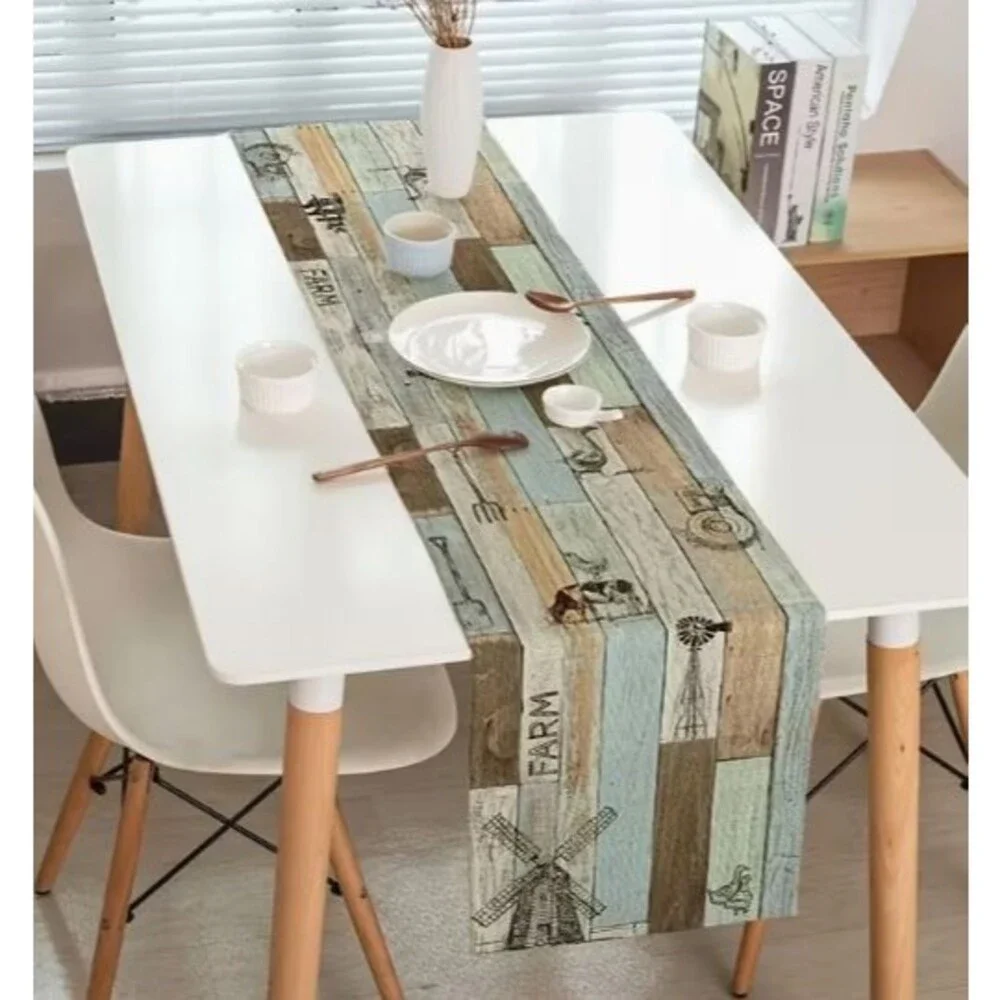 Table Runner 13x72in Woven Polyester Rustic Farmhouse Striped Farm Cow